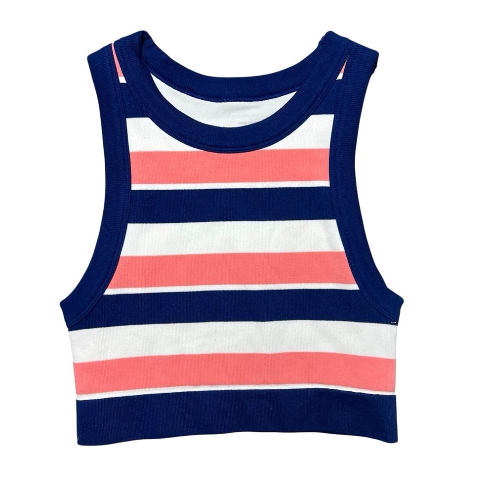Offline By Aerie Real Good Seamless High Neck Sports Bra Blue Pink Stripes NWT M